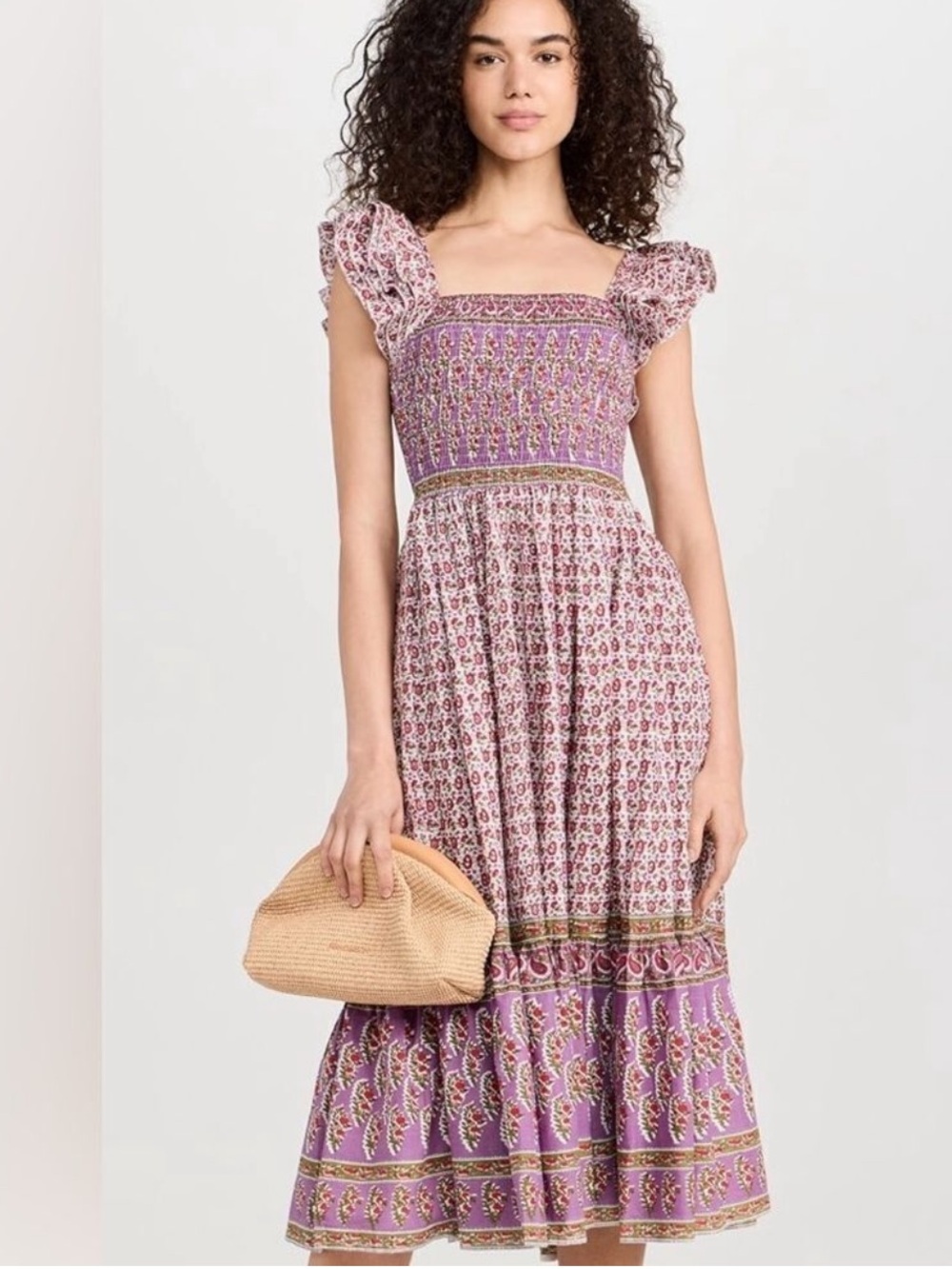 MILLIE Olympia Smocked cotton ruffle Midi dress size L